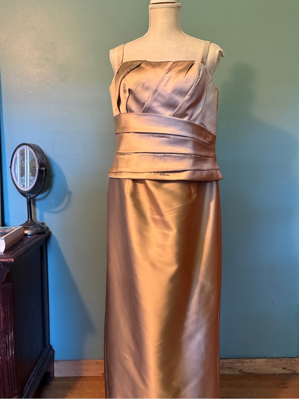 Elegant Satin Bronze Evening Dress with Detail Waistband